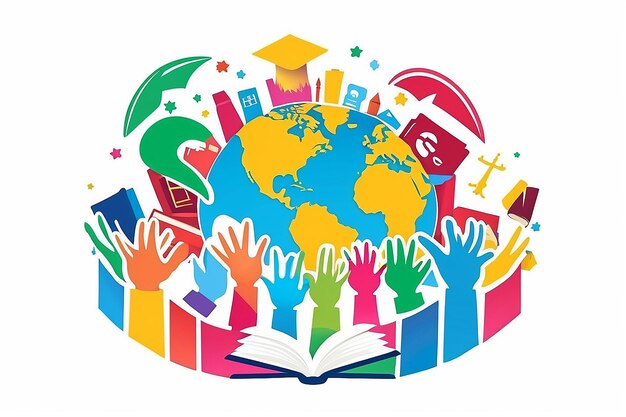 Photo globe world education logo children save school taking care hands books kids icon