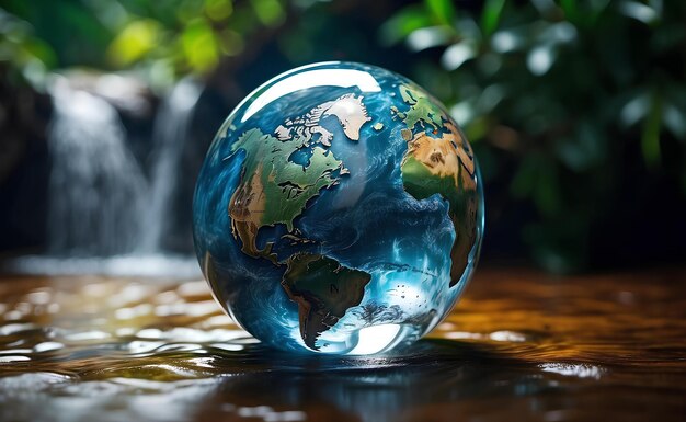 A globe of the world with waterfall and tropical plants background