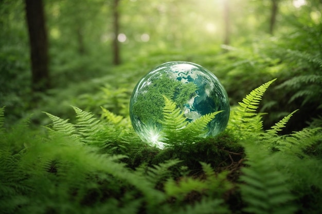 Globus in het groene gras met berg achtergrond Earth day concept