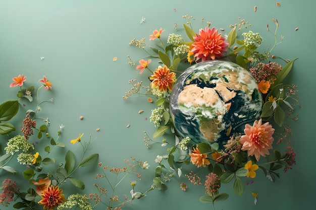 Globus versierd met bloemen en bladeren op een groene achtergrond Dag van de Aarde milieubescherming