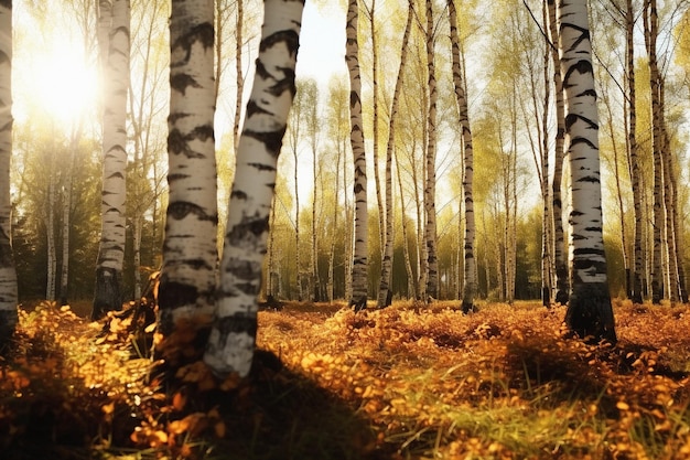 Gloeiend berkenbos koesterend in de herfstzon