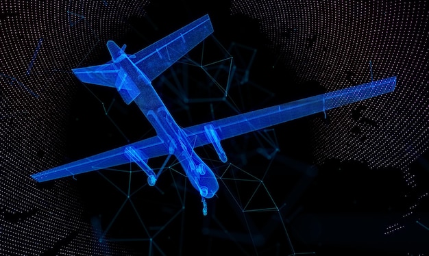 Gloeiend blauw licht 3D-model Fighter Militaire drone met lijnen punten en deeltjes