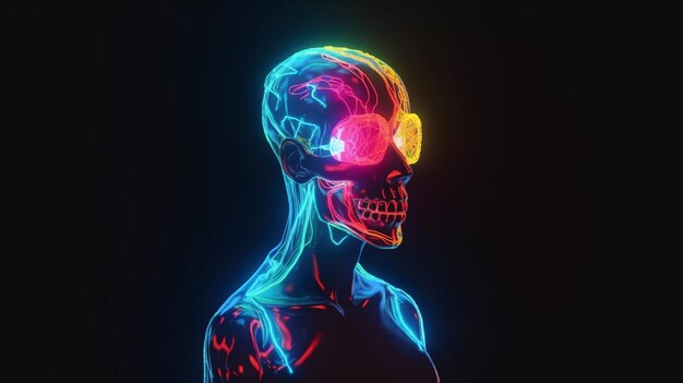 Gloeiend Cyberpunk-skelet met neonimplantaten Een psychedelisch portret in ultraviolette en neonkleuren