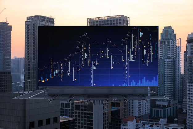 Gloeiend FOREX-grafiekhologram op aanplakbord luchtfoto panoramisch stadsbeeld van Bangkok bij zonsondergang Aandelen- en obligatiehandel in Zuidoost-Azië Het concept van fondsbeheer