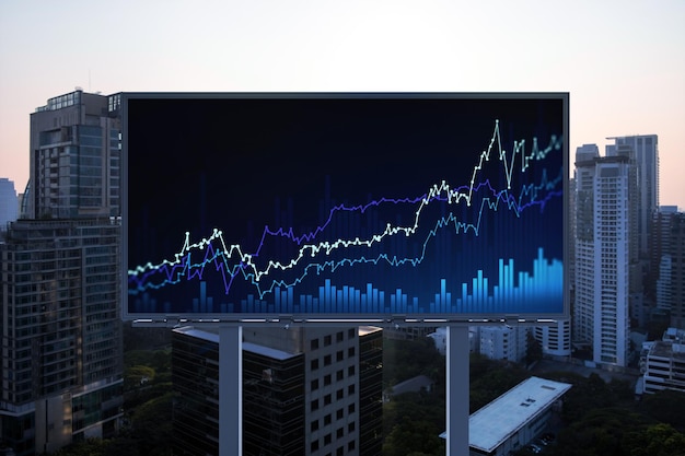 Gloeiend FOREX-grafiekhologram op aanplakbord luchtfoto panoramisch stadsbeeld van Bangkok bij zonsondergang Aandelen- en obligatiehandel in Zuidoost-Azië Het concept van fondsbeheer