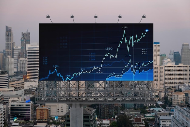 Gloeiend FOREX-grafiekhologram op aanplakbord luchtfoto panoramisch stadsbeeld van Bangkok bij zonsondergang Aandelen- en obligatiehandel in Zuidoost-Azië Het concept van fondsbeheer