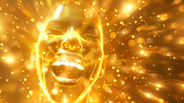 Foto gloeiend gouden hoofd van een lachende vrouw met gesloten ogen op een achtergrond van gloeiende deeltjes