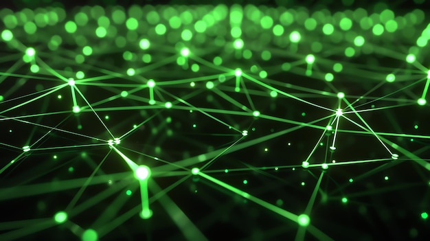 Foto gloeiend groen netwerk plexus structuur met gloeiende punten en lijnen abstract technologie achtergrond 3d-rendering