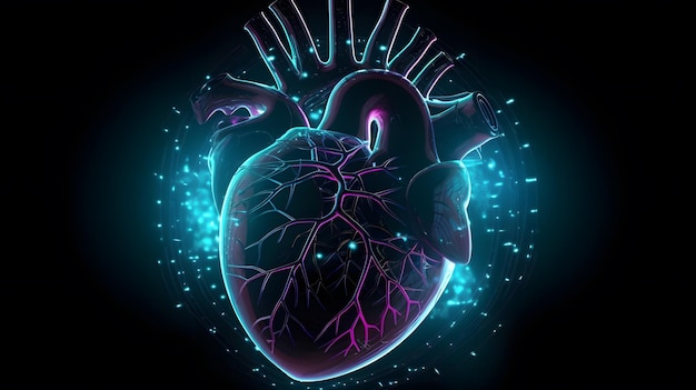 Gloeiend harthologram op abstracte energieachtergrond symboliseert de verbinding tussen menselijk hart en machines