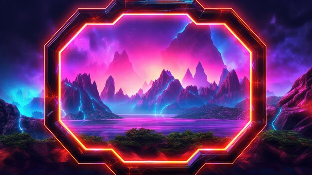 Gloeiend neon Hexagon frame over abstract landschap Generatieve AI afbeelding weber