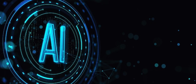 Gloeiend rond AI-hologram op brede donkere achtergrond Kunstmatige intelligentie en machine learning concept 3D Rendering