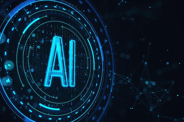 Gloeiend rond AI-hologram op donkere achtergrond Kunstmatige intelligentie en machine learning concept 3D Rendering