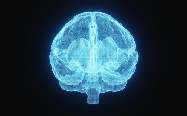 Gloeiend Xray-beeld van menselijk brein in blauwe draadframe op geïsoleerde zwarte achtergrond Wetenschap en medisch concept voor hersenen 3D-illustratieweergave