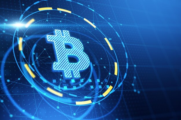 Gloeiende bitcoin-interface op blauwe achtergrond Cryptocurrency en Financiën concept 3D-Rendering