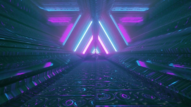 Gloeiende blauwe en violette neonlichten die driehoekige passage in futuristisch gebouw inlijsten als abstract architectuurontwerp als achtergrond in 4K UHD 3d illustratie