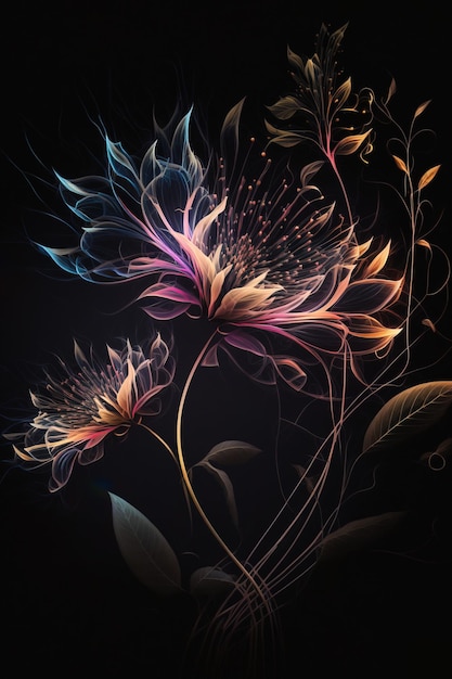 Gloeiende bloemen illustraties kunstontwerp voor poster, print of digitaal, geïsoleerd in zwart donker