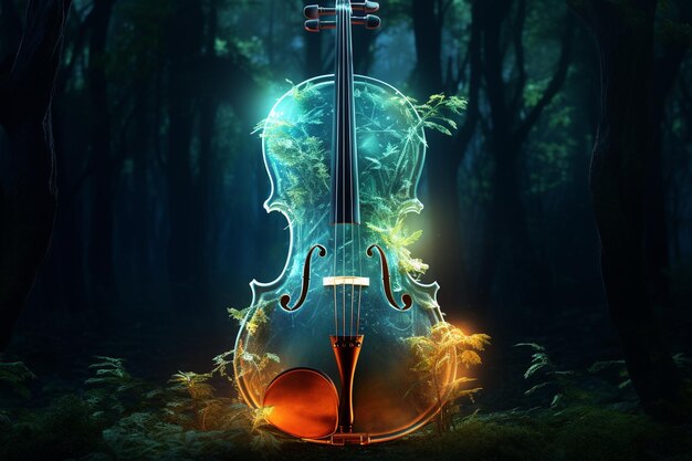 Gloeiende cello in een maanverlicht bos dat doet denken aan de magiërs 00514 00