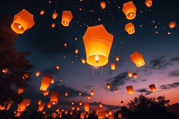 Foto gloeiende chinese lantaarns zweven door de nachtelijke hemel generatieve ai