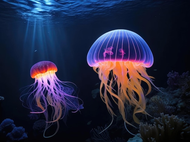Gloeiende diepzeekwallen een stralende schoonheid in de donkerblauwe onderwaterwereld ai generatief