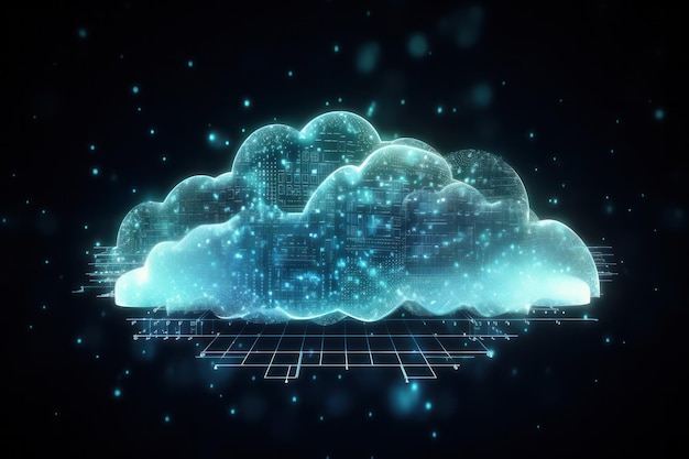 Gloeiende digitale wolk over zwart concept als achtergrond wolkenco