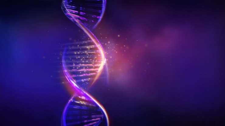 Foto gloeiende dna-strengen in violetblauwe kleuren d render