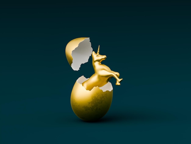 Gloeiende eenhoorn die uit een gouden ei tevoorschijn komt op een donkere achtergrond 3D-weergave