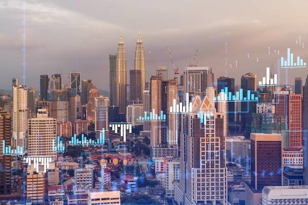 Gloeiende FOREX grafiek hologram luchtfoto panoramisch stadsgezicht van Kuala Lumpur bij zonsondergang Aandelen- en obligatiehandel in KL Maleisië Azië Het concept van fondsbeheer Dubbele blootstelling