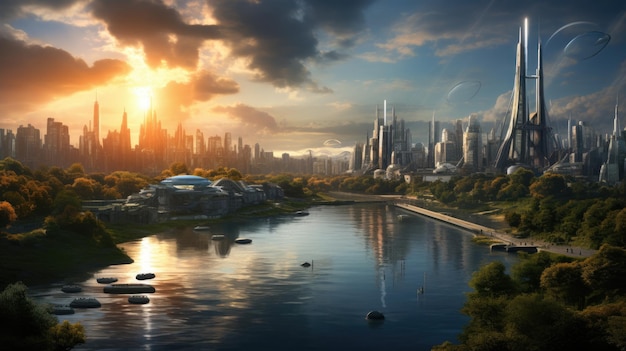 Gloeiende futuristische stad aangedreven door fusie-energie Gemaakt met generatieve AI-technologie