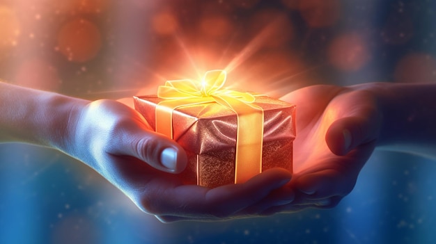 Gloeiende geschenkdoos in handen die internationale liefdadigheidsdag symboliseren