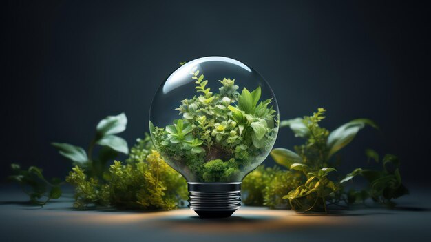 Foto gloeiende gloeilamp met groene planten binnen ecologie concept