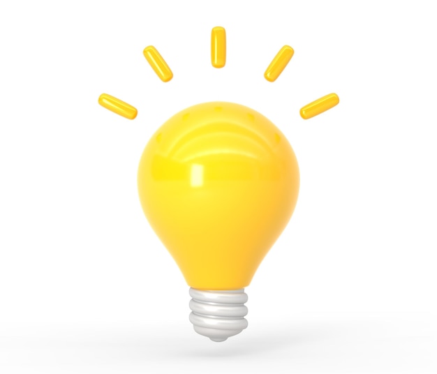 Gloeiende gloeilamp pictogram met gele balken 3D render Concept van creatief idee inspiratie innovatie brainstorm of strategie analyse Cartoon lamp geïsoleerd op witte achtergrond