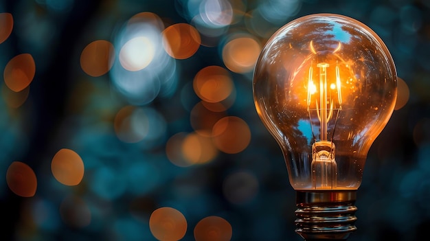 Gloeiende gloeilamp tegen een bokeh-achtergrond verlicht concept voor ideeën en innovatie toegankelijke verlichting beeldvorming AI