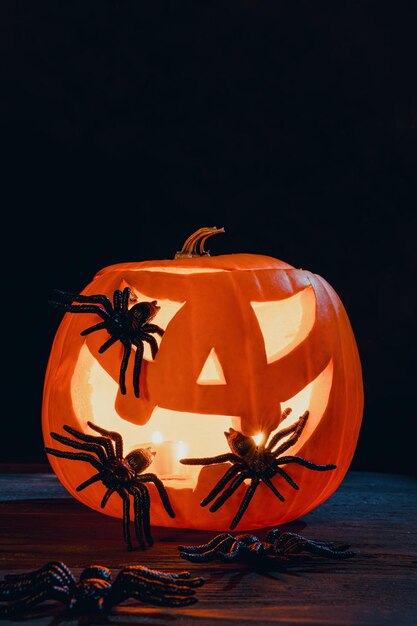 Gloeiende Halloween pompoen met spinnen