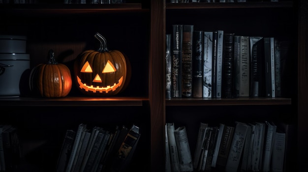 Gloeiende Halloween-pompoen op de boekenplank 's nachts Party horror angst