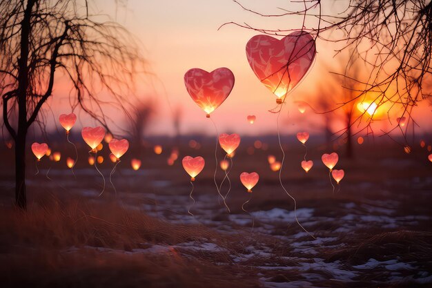 Foto gloeiende hartballonnen bij zonsondergang valentijnsdag generatieve ai
