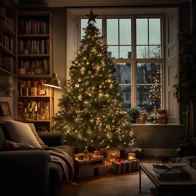 Foto gloeiende kerstboom in de woonkamer