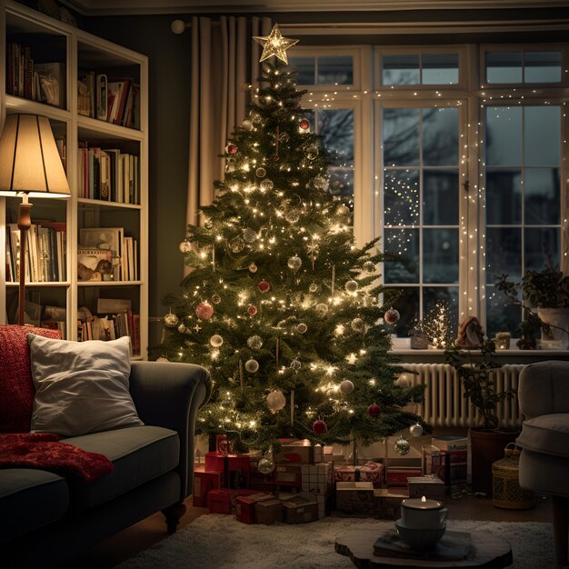 Gloeiende kerstboom in de woonkamer