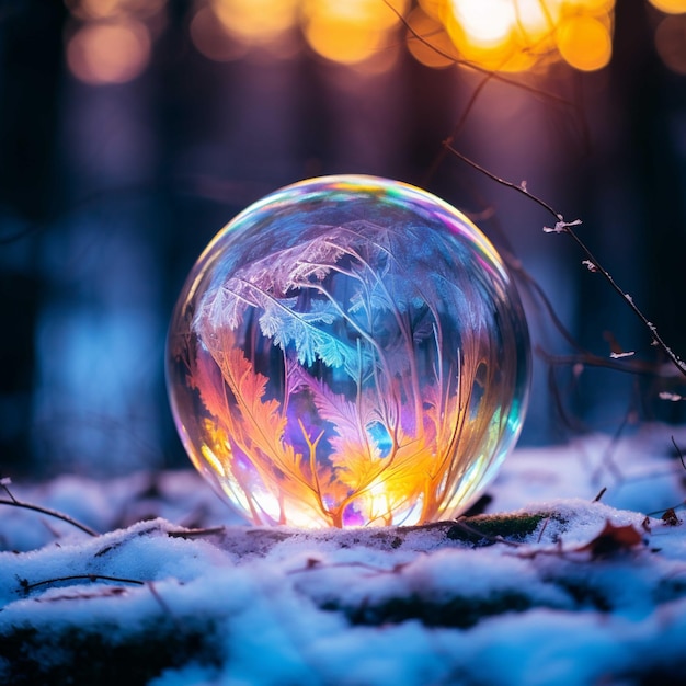 Gloeiende kristallen bol met winterbos op de achtergrond Prachtig landschap