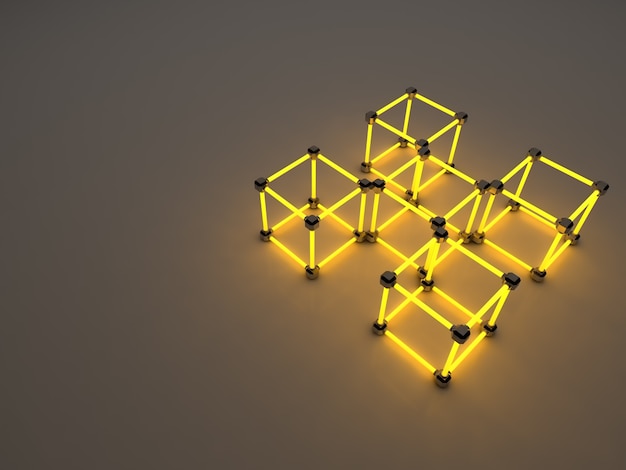 Gloeiende kubussen van tl-buizen. Abstracte compositie van geometrische verwerkingsfaciliteiten