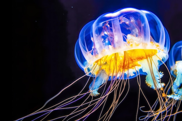 Gloeiende kwallen die dansen op de donkerblauwe oceaanwaterachtergrond Concept van het oceaanleven en duiken