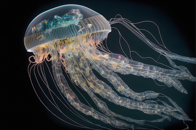 Gloeiende kwallen zwemmen diep in de blauwe zee. medusa neonkwallenfantasie in ruimtekosmos onder sterren.