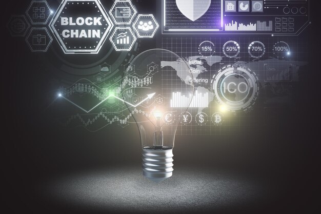 Gloeiende lamp met creatieve blockchain-interface Cryptografie en ideeconcept 3D Rendering