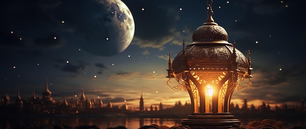 gloeiende lamp met een kaars op de achtergrond van een nachtlandschap met de maan