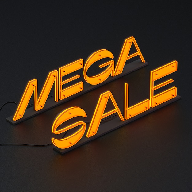 Gloeiende letters MEGA SALE op zwart.