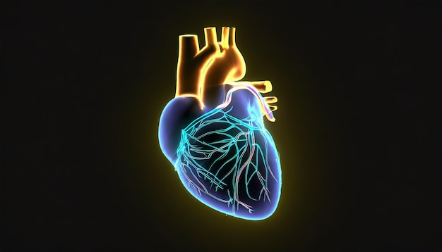 Gloeiende lijnen op het menselijk hart 3D-vorm op donkere achtergrond