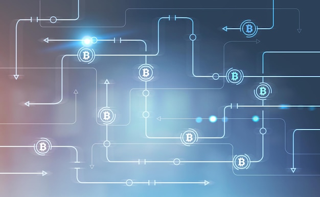Gloeiende meeslepende interface van het bitcoin-netwerk over een wazige kantoorachtergrond. Concept van cryptocurrency. Bespotten getinte afbeelding dubbele belichting