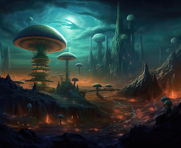 Gloeiende mystieke paddenstoelen op een donkere achtergrond