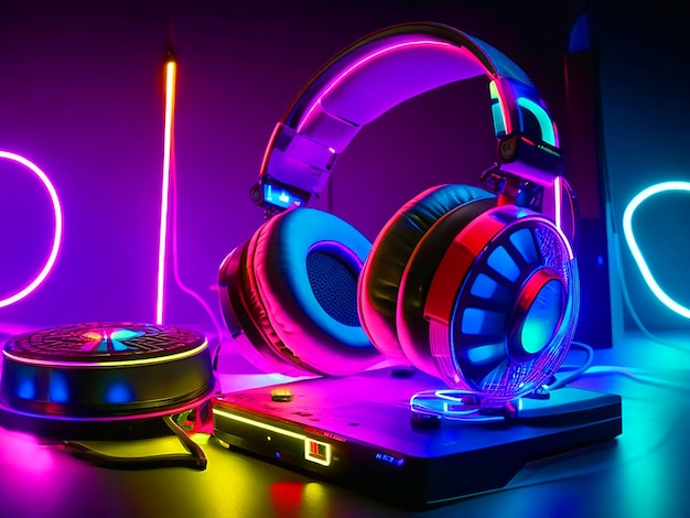 gloeiende neon DJ decks en koptelefoon gratis afbeelding downloaden