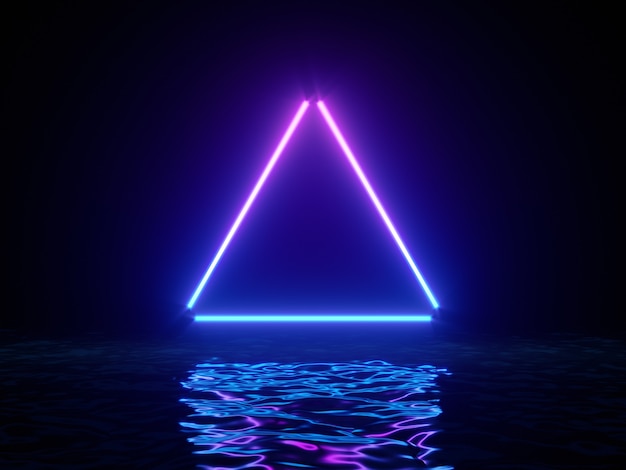Gloeiende neon driehoek met reflecties in het wateroppervlak.