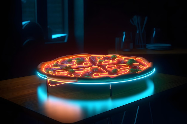 Gloeiende neonpizza op tafel neuraal netwerk gegenereerde kunst